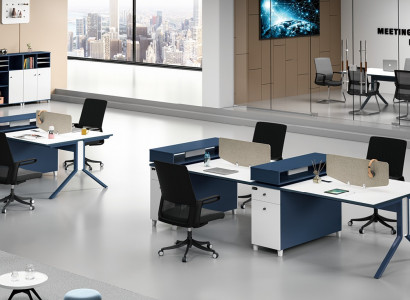 Desk office furniture setup tables call center wood 4 workstations